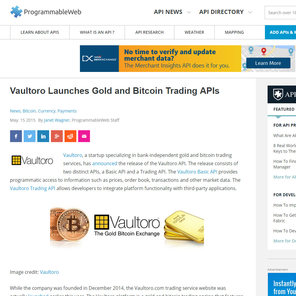 Vaultoro Launches Gold and Bitcoin Trading APIs