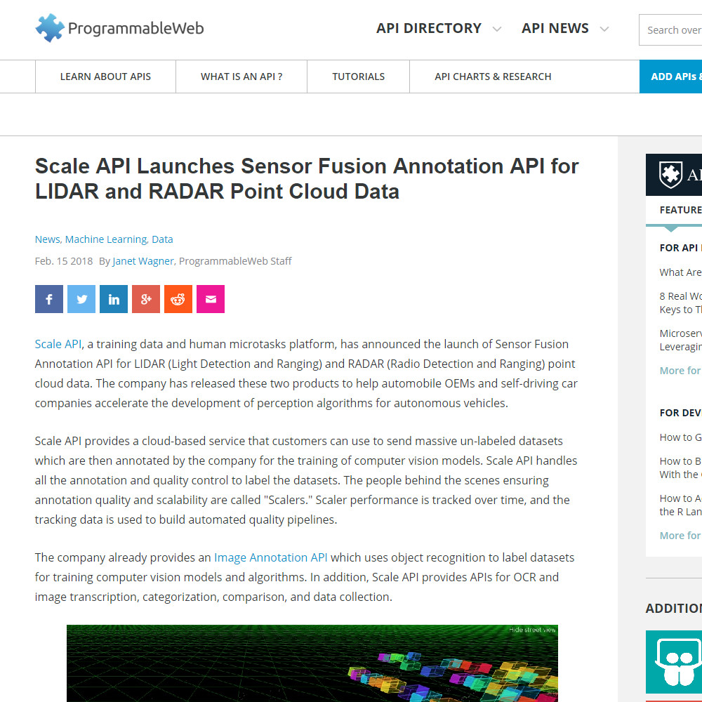 Scale API Launches Sensor Fusion Annotation API for LIDAR and RADAR Point Cloud Data